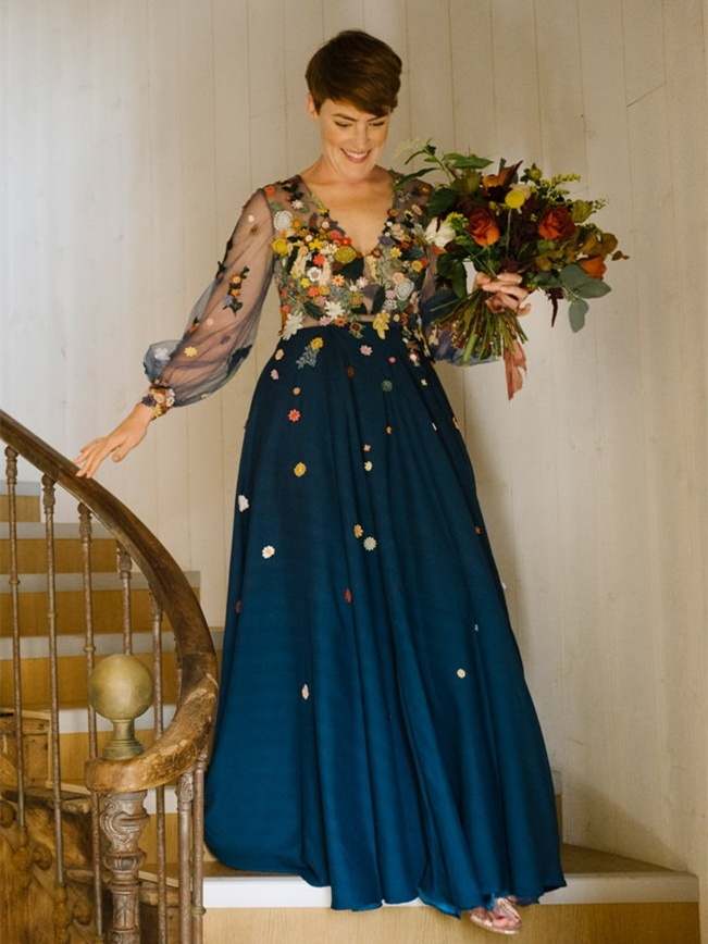 Teal  Floral Embroidred Lace Bridal Dress
