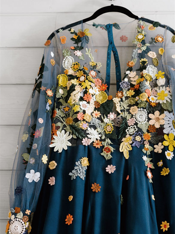 Teal  Floral Embroidred Lace Bridal Dress