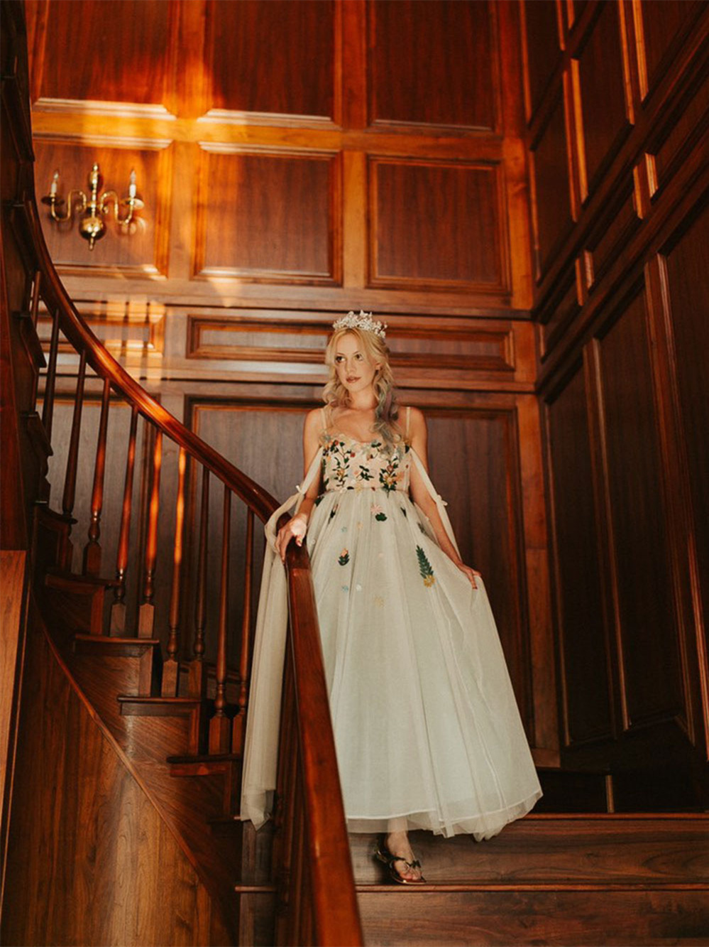 Champagne  Floral Embroidred Lace Bridal Dress