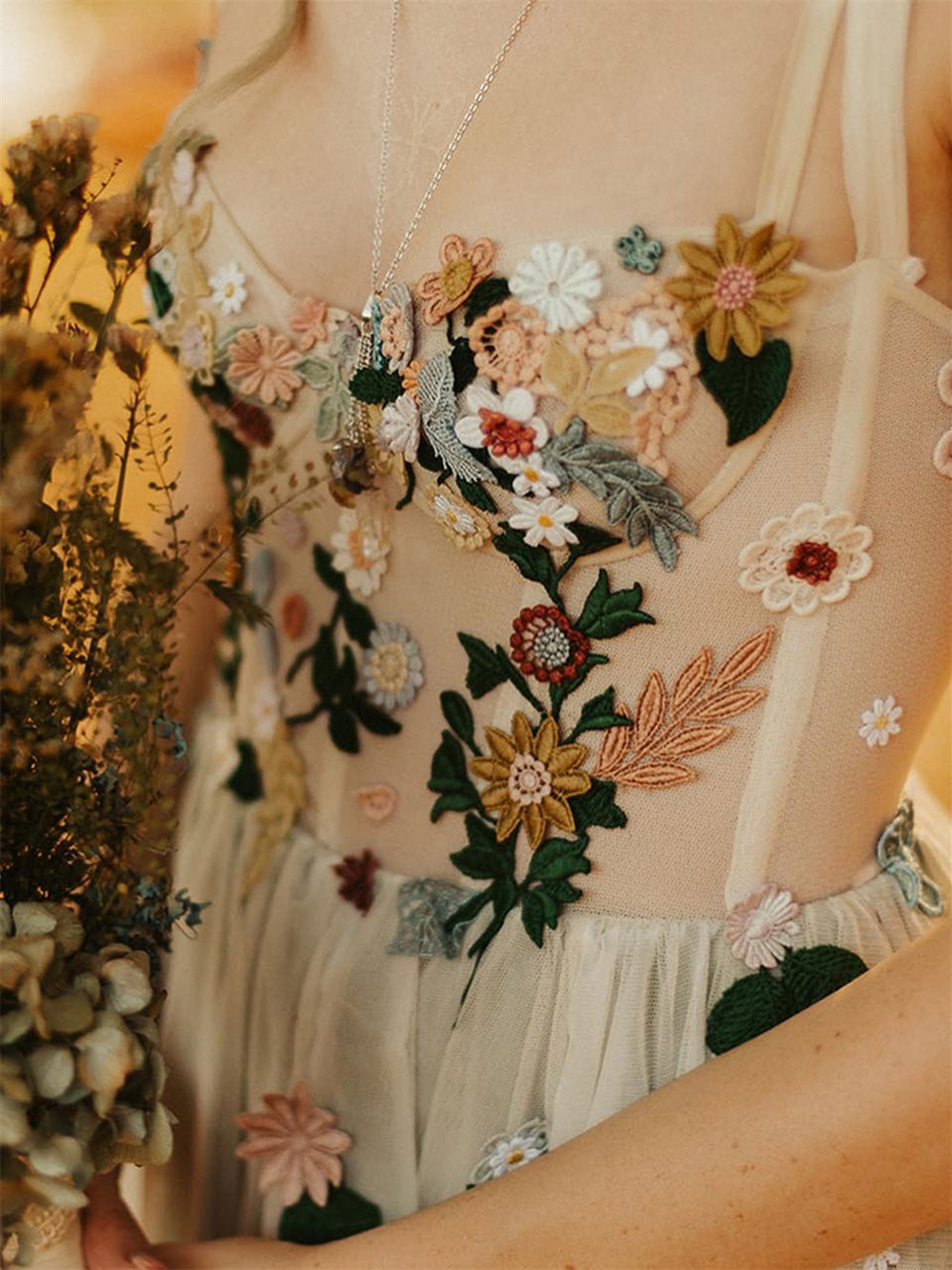 Champagne  Floral Embroidred Lace Bridal Dress