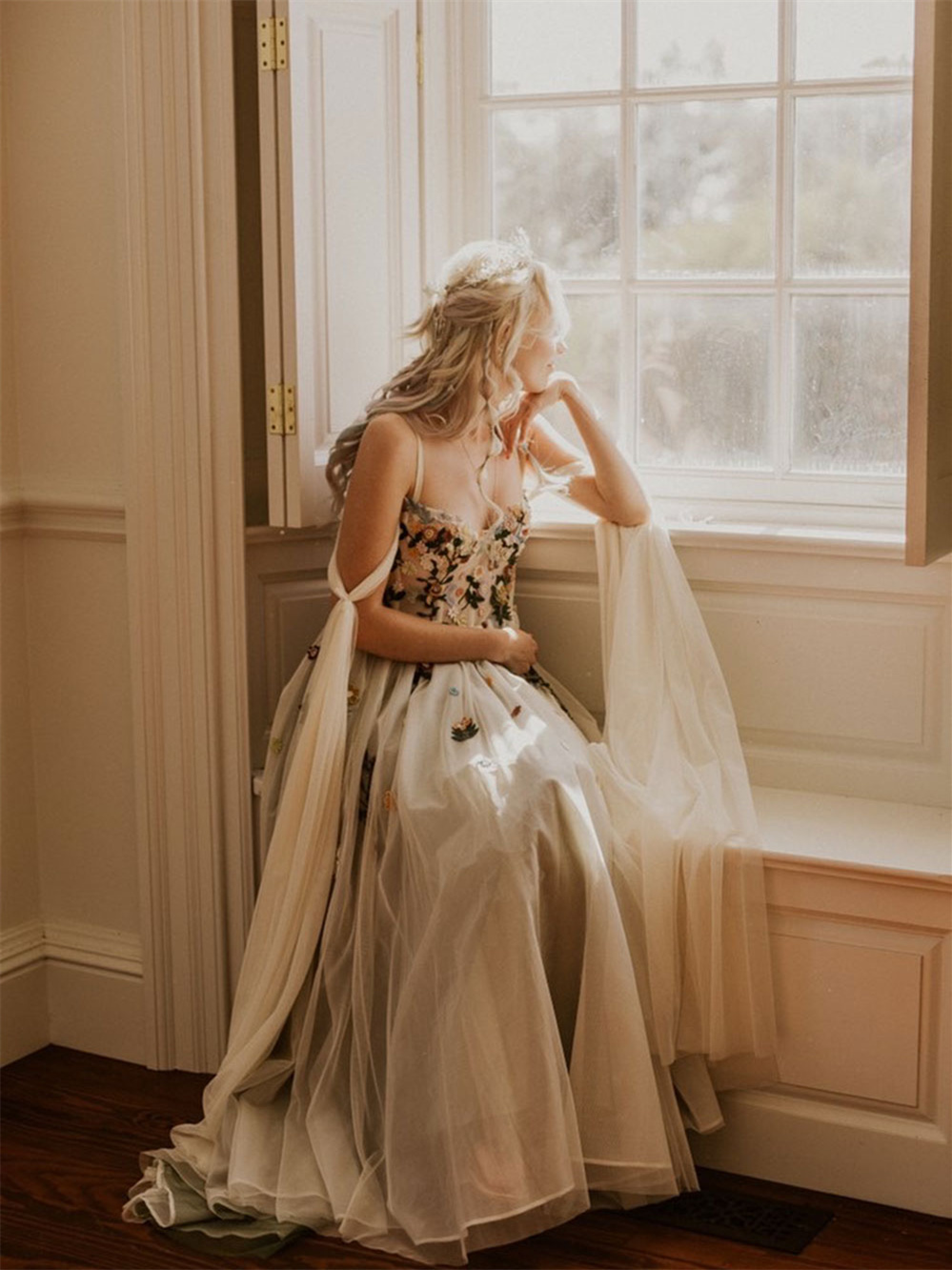 Champagne  Floral Embroidred Lace Bridal Dress