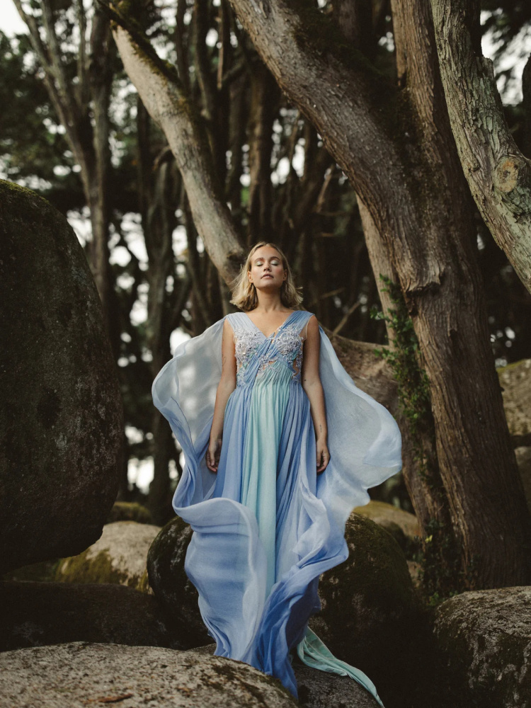 Grey Blue Flowy Bridal Dress/Photoshoot Dress