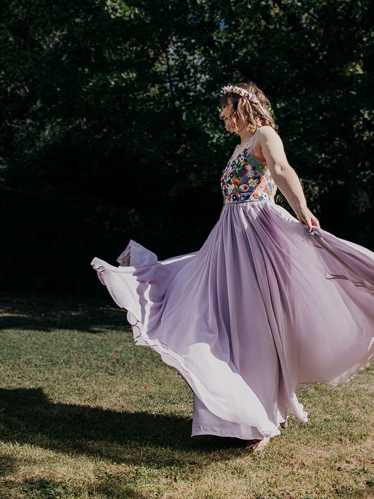 Lavender Chiffon Embroidred Lace Bridal Dress