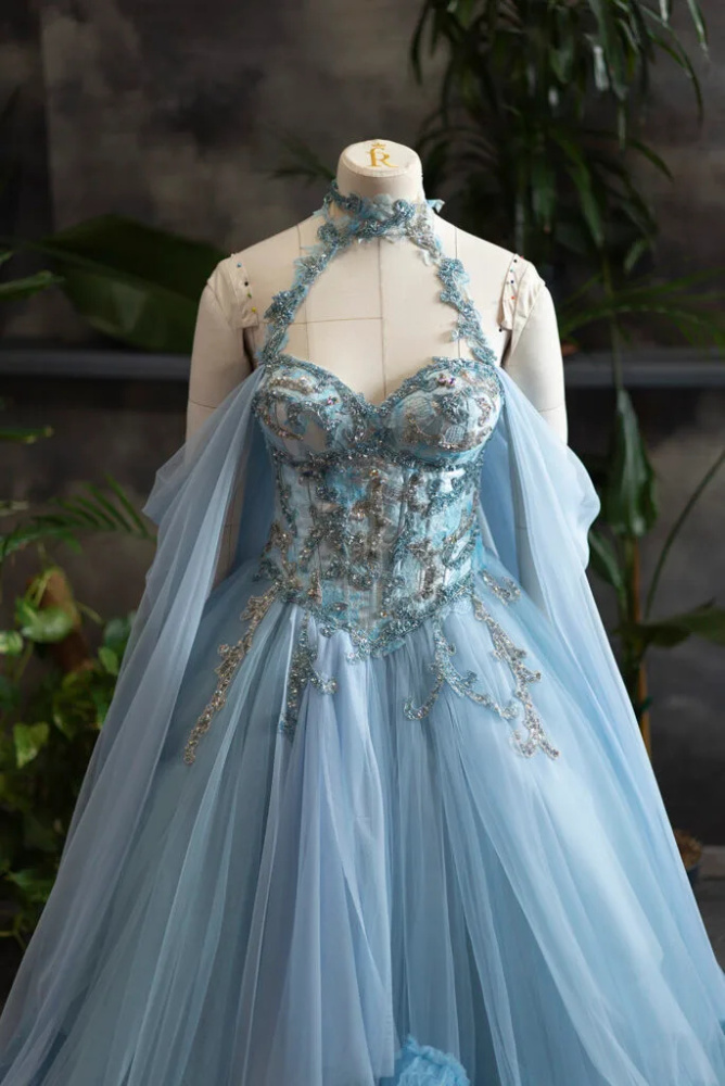 Light Blue Beaded Photoshoot Dress/Prom Dress