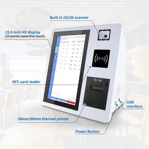 15.6inch All in one smart payment pos all in one android pos system with printer Touch Screen Kiosk Self Pay Machine Barcode Scanner for restaurant