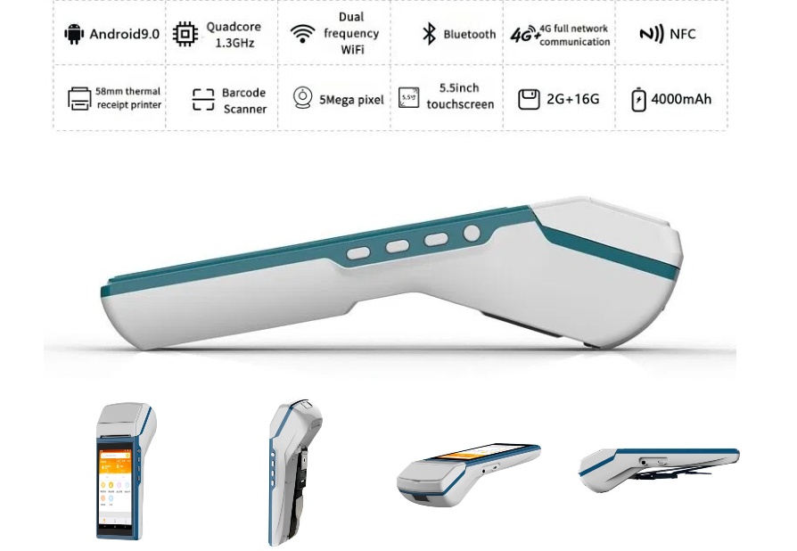 Handheld Smart Terminal Mobile touch POS with printer and 3G 4G sim card slot and NFC scanner