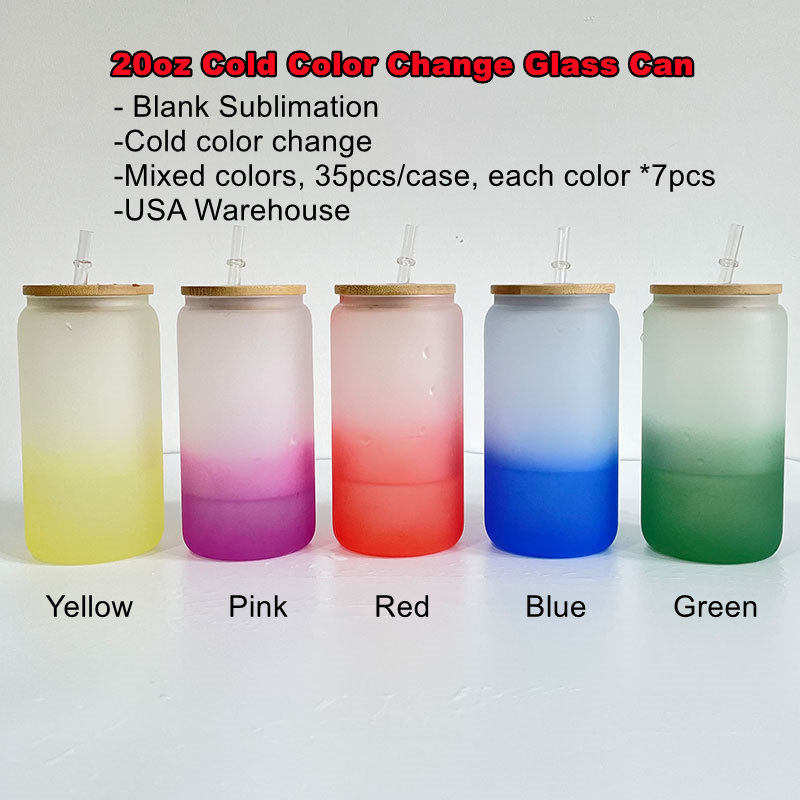 16oz 20oz blank sublimation cold water colorful color changing frosted beer glass can with bamboo lid and plastic straw