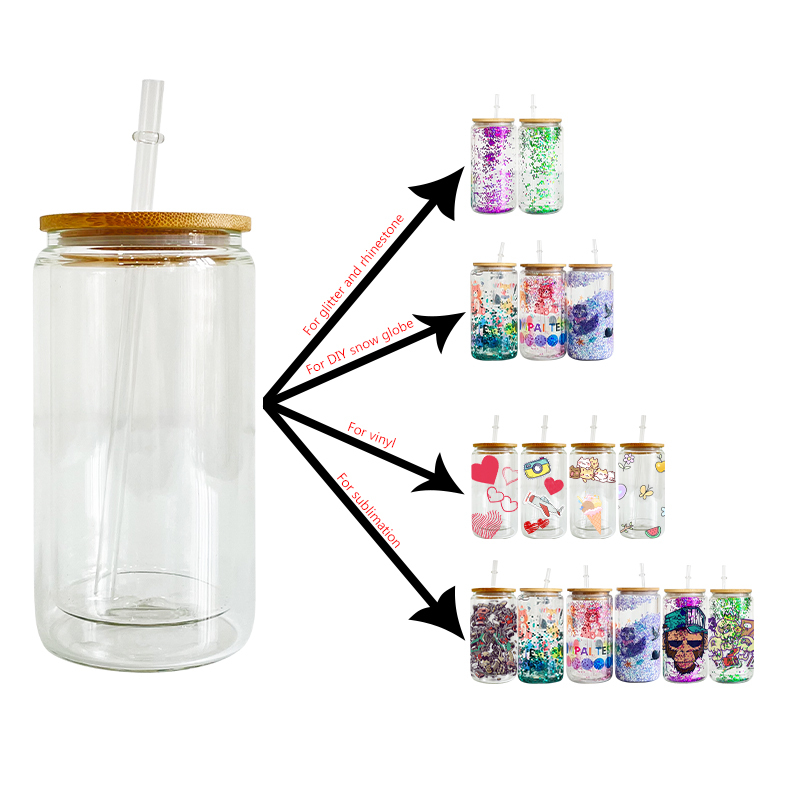 12oz US Sublimation Blanks Pre Drilled Snow Globe Double Wall Glass Can With Bamboo Lid And Plastic Straw