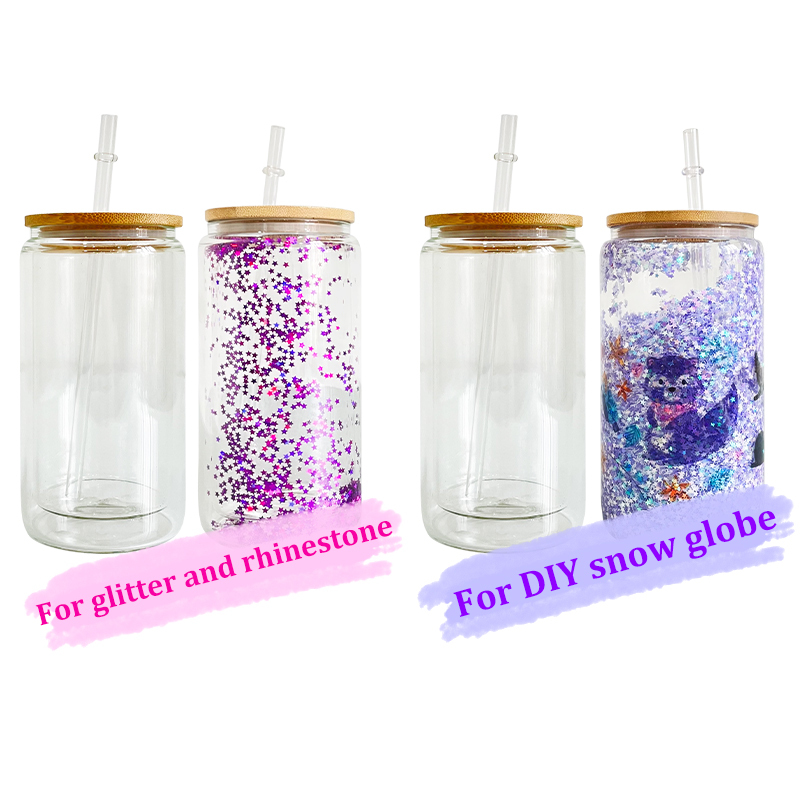 12oz US Sublimation Blanks Pre Drilled Snow Globe Double Wall Glass Can With Bamboo Lid And Plastic Straw
