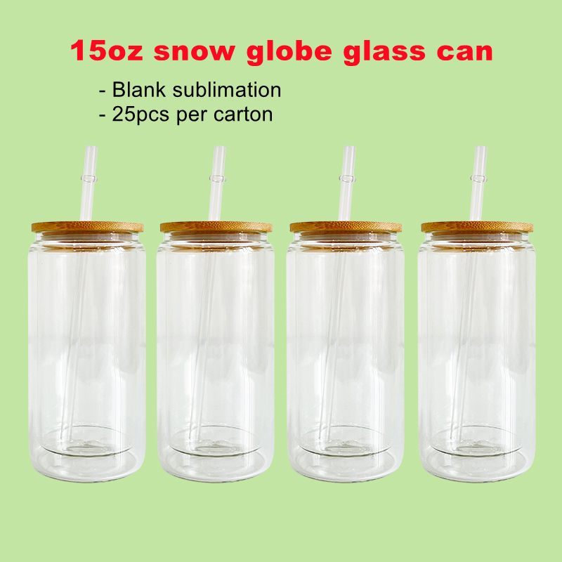 12oz US Sublimation Blanks Pre Drilled Snow Globe Double Wall Glass Can With Bamboo Lid And Plastic Straw