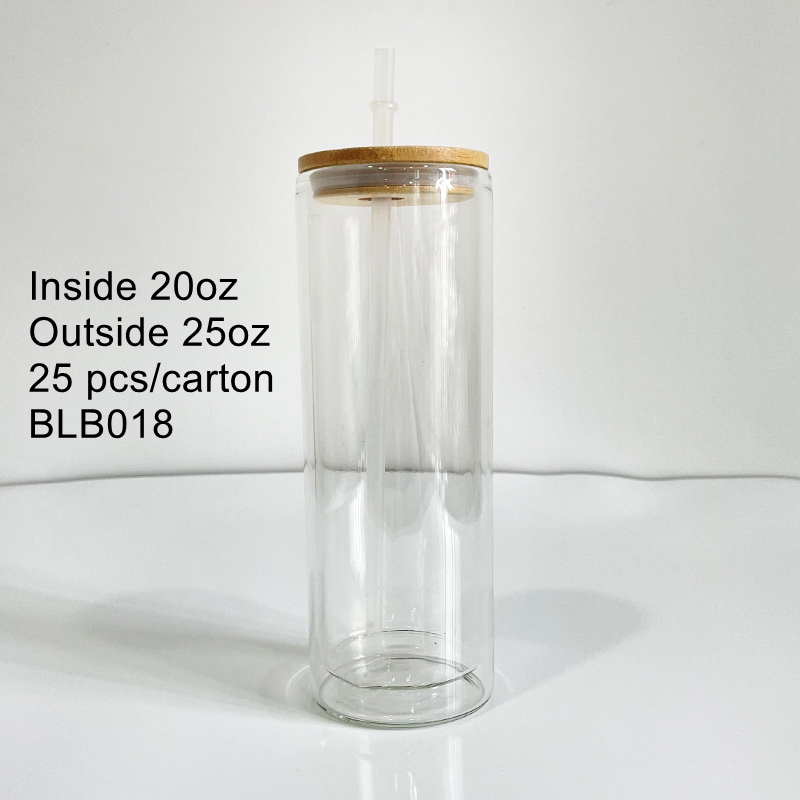 12oz US Sublimation Blanks Pre Drilled Snow Globe Double Wall Glass Can With Bamboo Lid And Plastic Straw