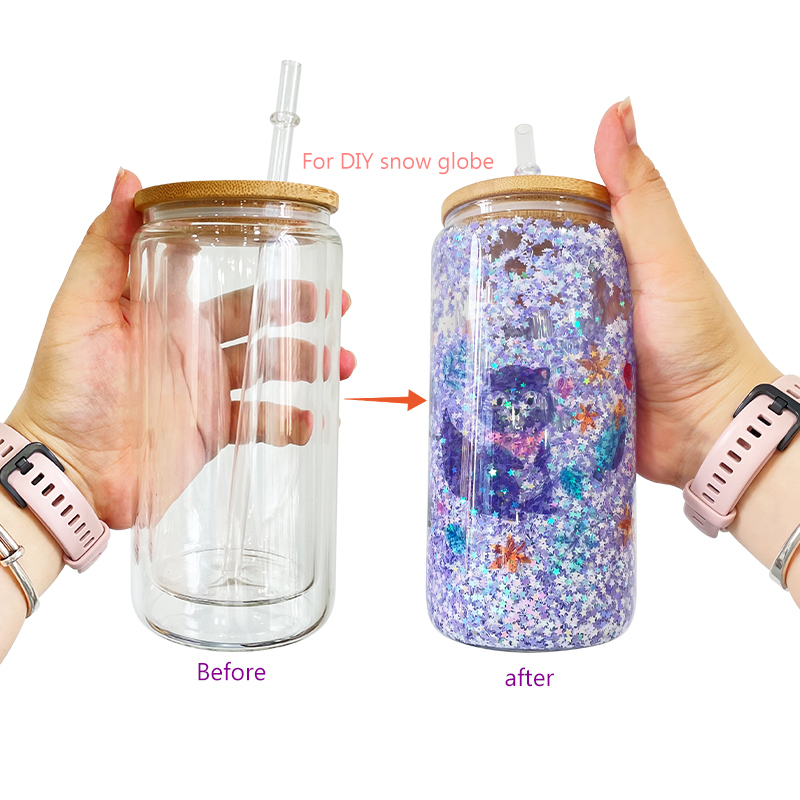 12oz US Sublimation Blanks Pre Drilled Snow Globe Double Wall Glass Can With Bamboo Lid And Plastic Straw