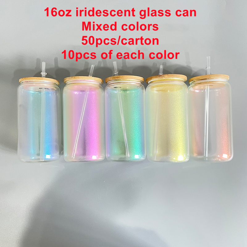 20oz US Warehouse Blank sublimation mixed 5 colors iridescent beer glass can with bamboo lid and plastic straw Sold By Case