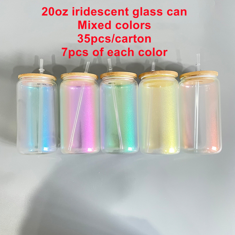20oz US Warehouse Blank sublimation mixed 5 colors iridescent beer glass can with bamboo lid and plastic straw Sold By Case