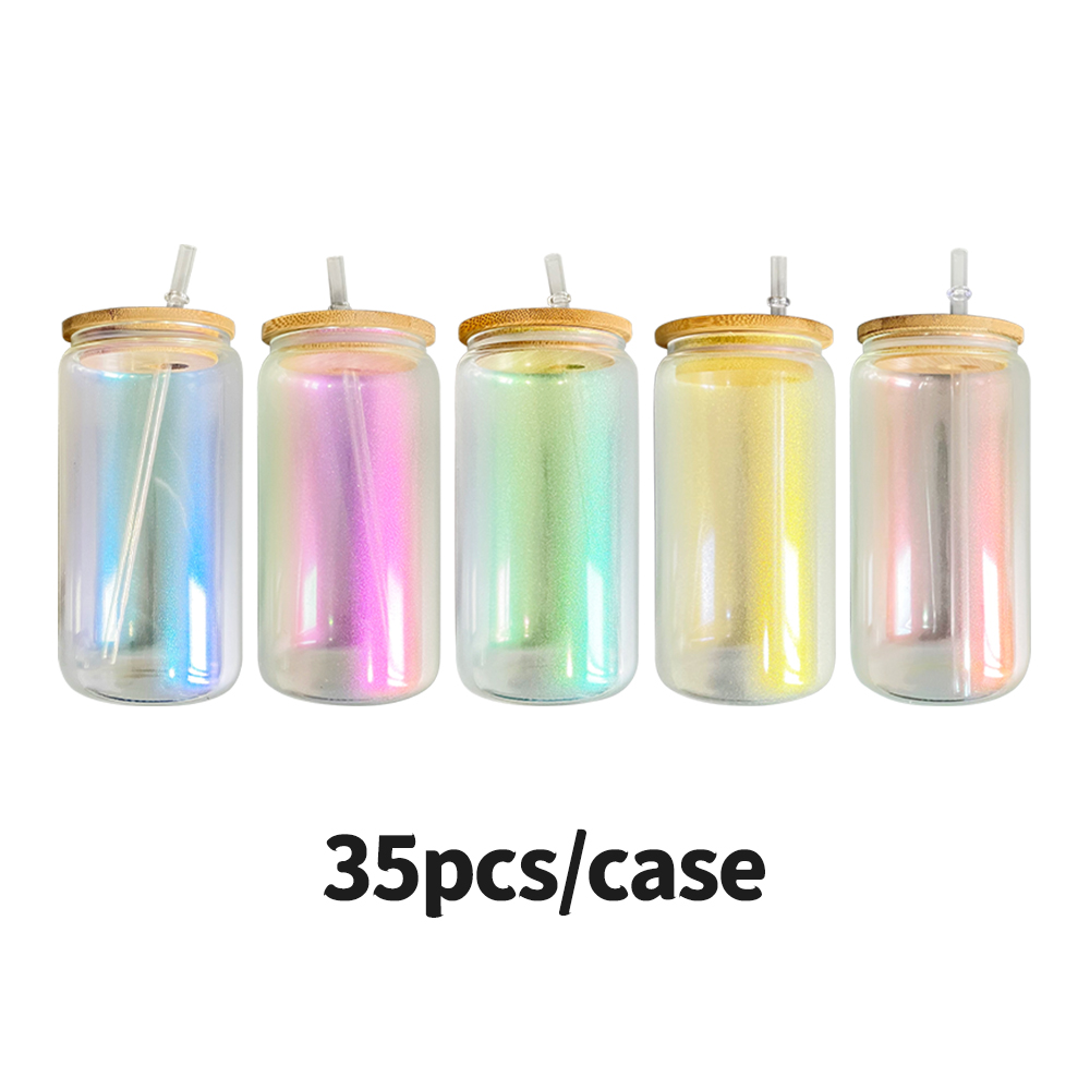 35 Pack YIPAI USA Warehouse 20oz Blank Sublimation Mixed 5 Colors Iridescent Beer Glass Can With Bamboo Lid And Plastic Straw Sold By Case
