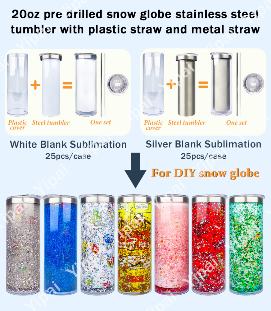 YIPAI USA Warehouse 20oz Sublimation Blanks Pre Drilled Double Wall Snow Globe Plastic Outside Stainless Steel Inside Straight Tumbler 25pcs Sold By Case