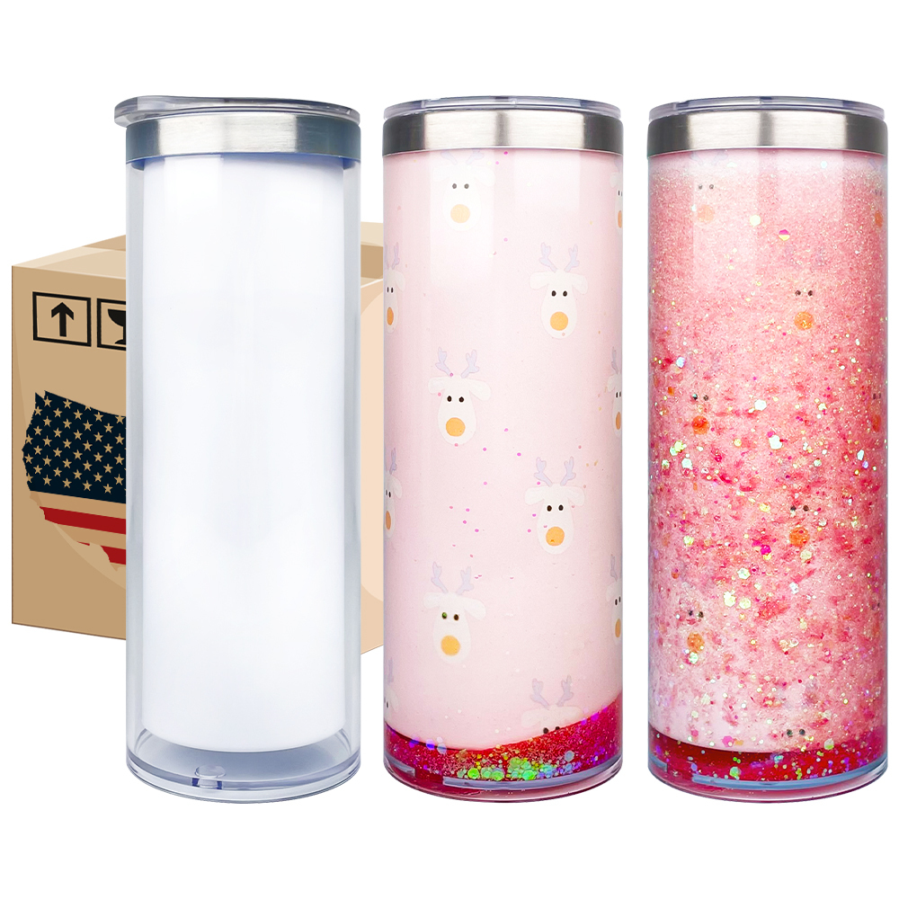 YIPAI USA Warehouse 20oz Sublimation Blanks Pre Drilled Double Wall Snow Globe Plastic Outside Stainless Steel Inside Straight Tumbler 25pcs Sold By Case