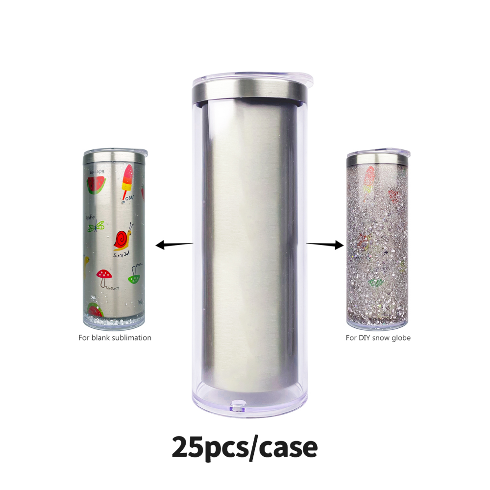 YIPAI USA Warehouse 20oz Sublimation Blanks Pre Drilled Double Wall Snow Globe Plastic Outside Stainless Steel Inside Straight Tumbler 25pcs Sold By Case