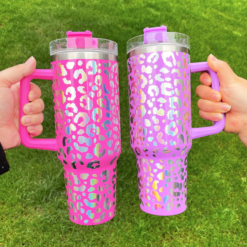 YIPAI H1.0 40oz Sublimation Blanks Holographic Leopard Travel Mug Tumbler With Handle Sold by Case