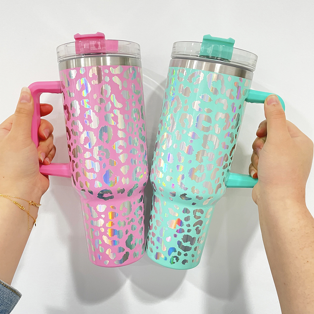 YIPAI H1.0 40oz Sublimation Blanks Holographic Leopard Travel Mug Tumbler With Handle Sold by Case