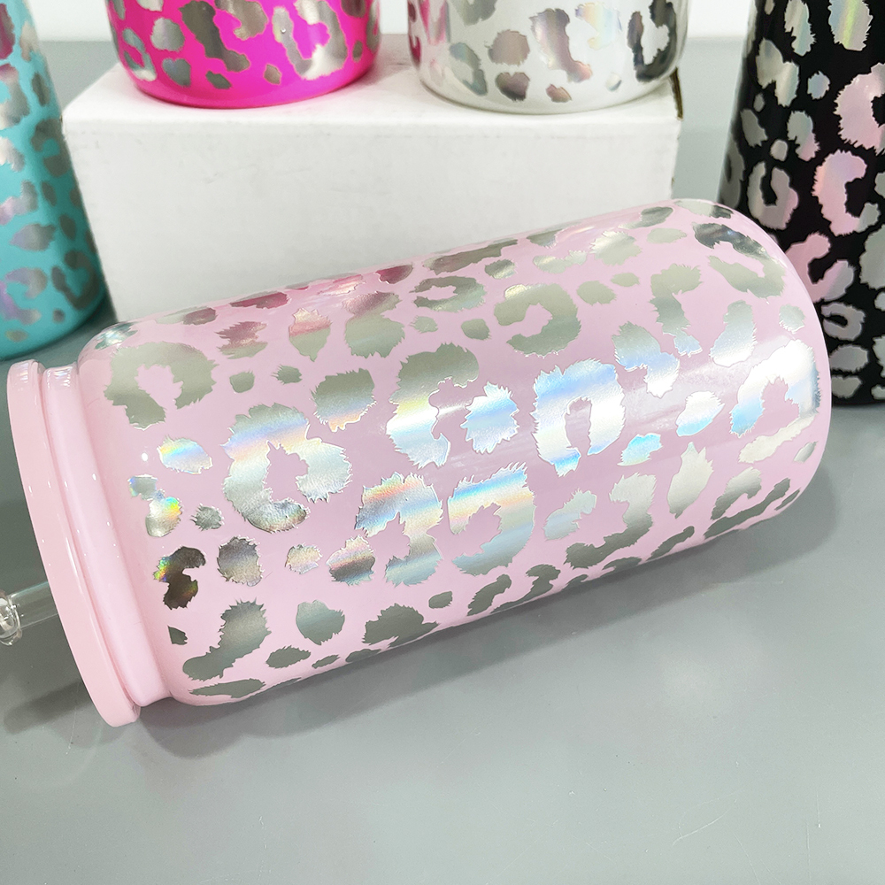 YIPAI 16oz Holographic Print Leopard Travel Glass Can With PP Lids Beer Can Shaped Drinkware Sold By Case