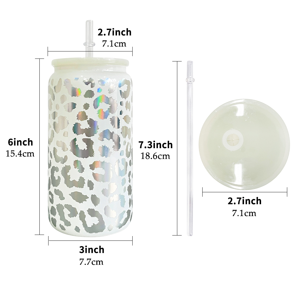 YIPAI 16oz Holographic Print Leopard Travel Glass Can With PP Lids Beer Can Shaped Drinkware Sold By Case