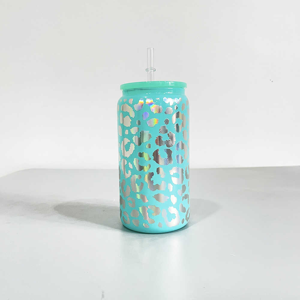 YIPAI 16oz Holographic Print Leopard Travel Glass Can With PP Lids Beer Can Shaped Drinkware Sold By Case