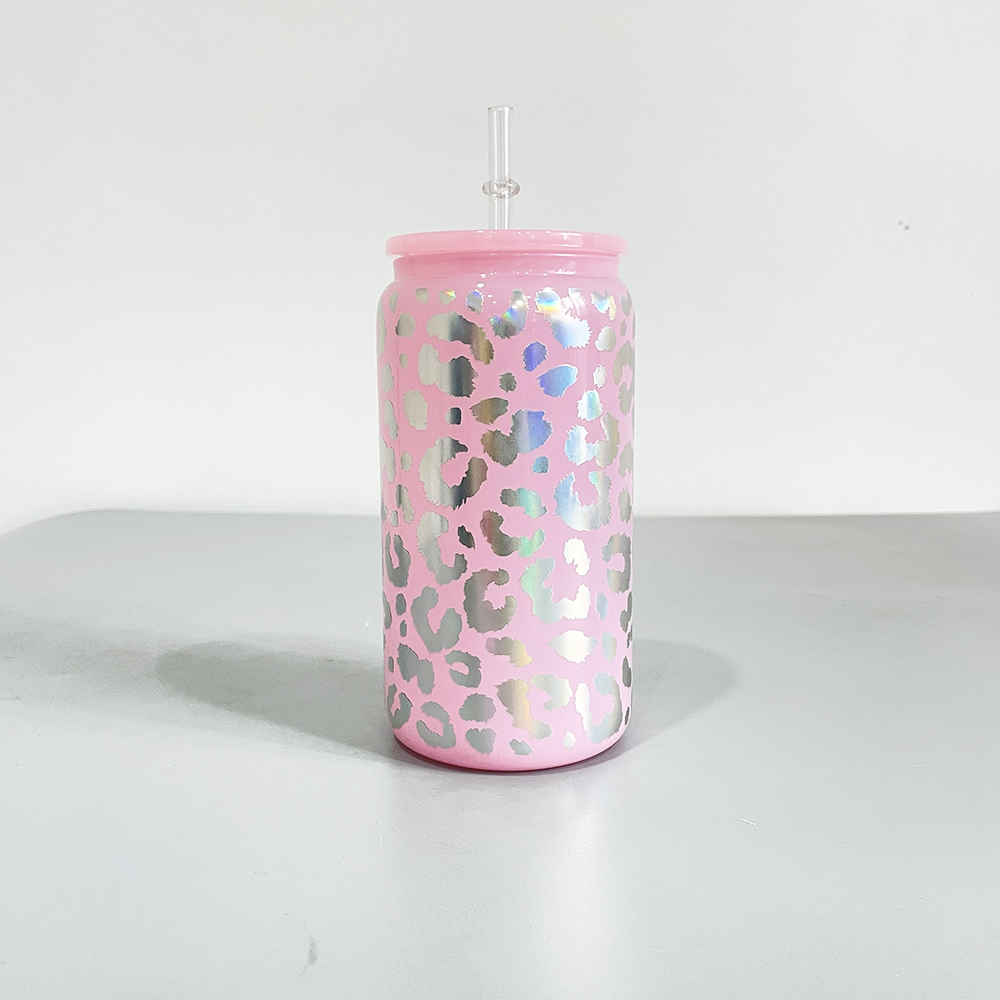 YIPAI 16oz Holographic Print Leopard Travel Glass Can With PP Lids Beer Can Shaped Drinkware Sold By Case