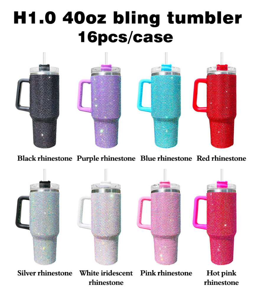 YIPAI USA Warehouse H1.0 40oz Solid 8 Colors Rhinestone Full Coverd Tumbler With Handle Lid And Straw Sold By Case