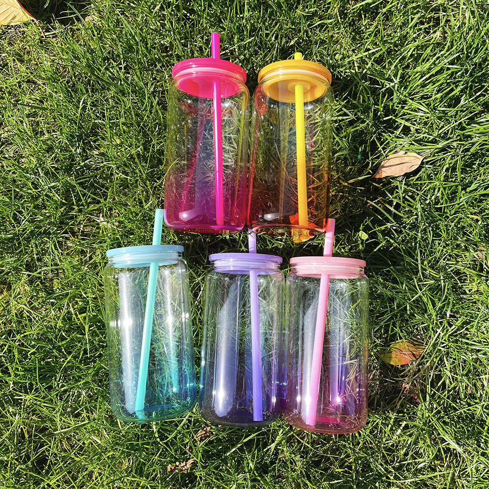 YIPAI China Warehouse Sublimation 16oz Ombre Jelly Glass Can With Plastic Lids Ship Out Next Week