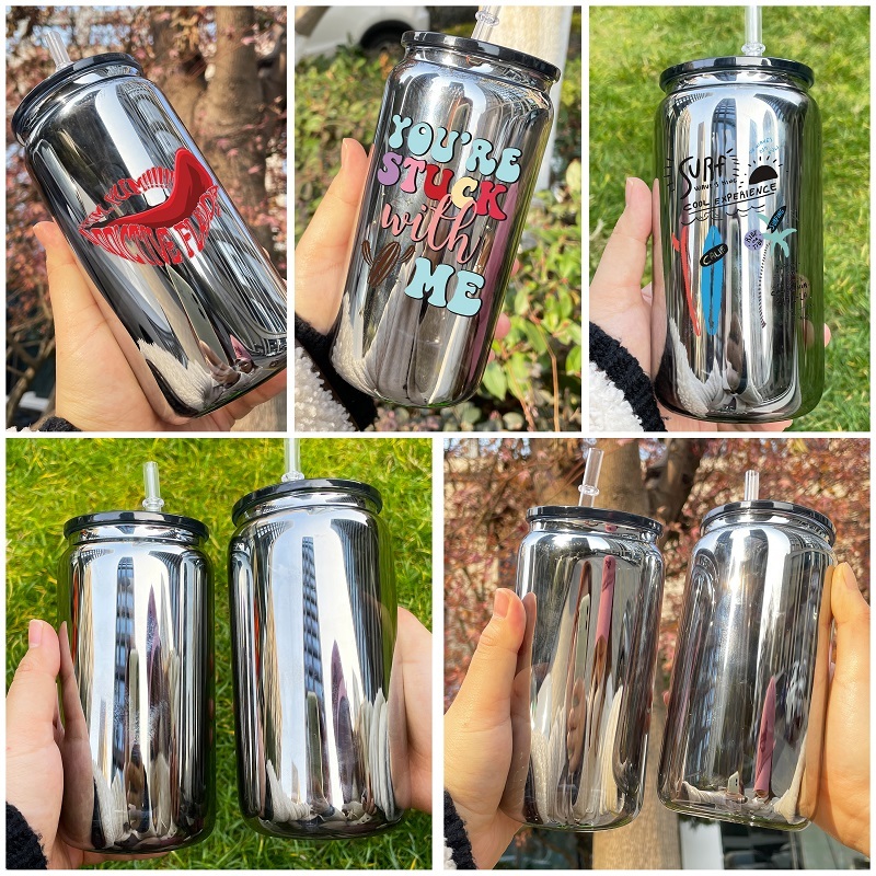 YIPAI China Warehouse Middle Night Black Mirror Plated 16oz Glass Can Ship Out On Jan 25th