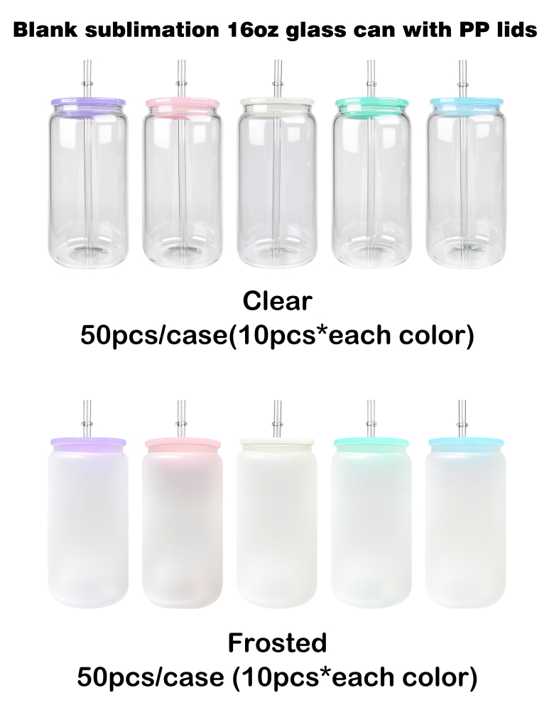 YIPAI Blank Sublimation 16oz Frosted Clear Glass Can With PP Lids Beer Can Shaped Drinkware For Vinyl