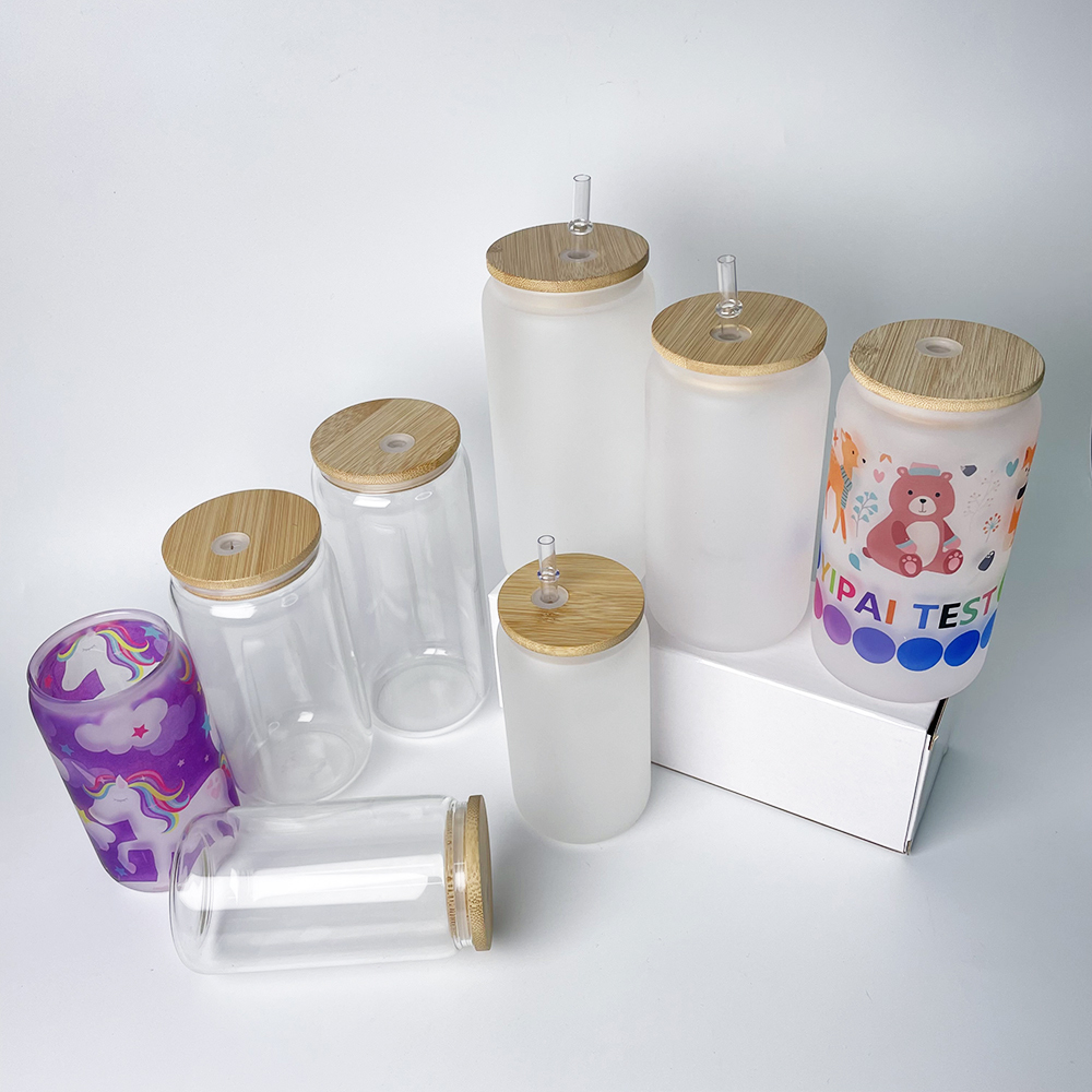 50 Pack YIPAI China Warehouse 12oz 16oz 20oz Sublimation Blanks Clear Frosted Beer Glass Can With Bamboo Lid And Plastic Straw