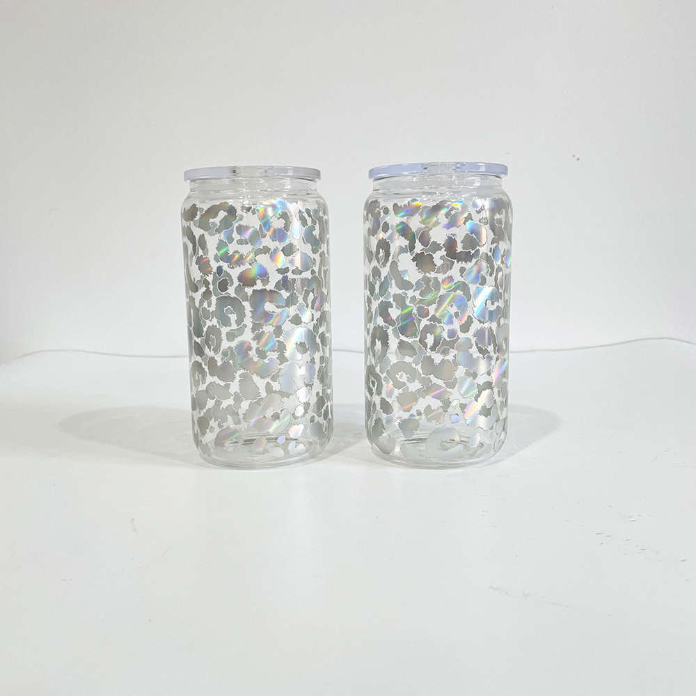 50 Pack YIPAI China Warehouse 16oz Clear Holographic Print Leopard Travel Glass Can With PP Lids