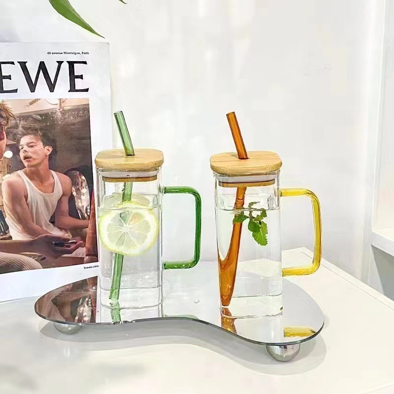 50 Pack YIPAI 13.5oz Square Glass Mug With Handle And Bamboo Lid For Sublimation Heat Transfer Printing