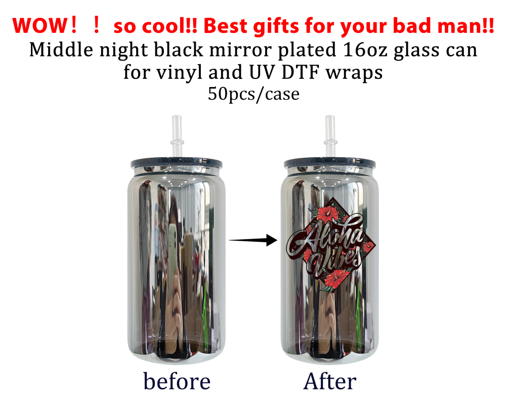 50 Pack YIPAI China Warehouse Middle Night Black Mirror Plated 16oz Glass Can