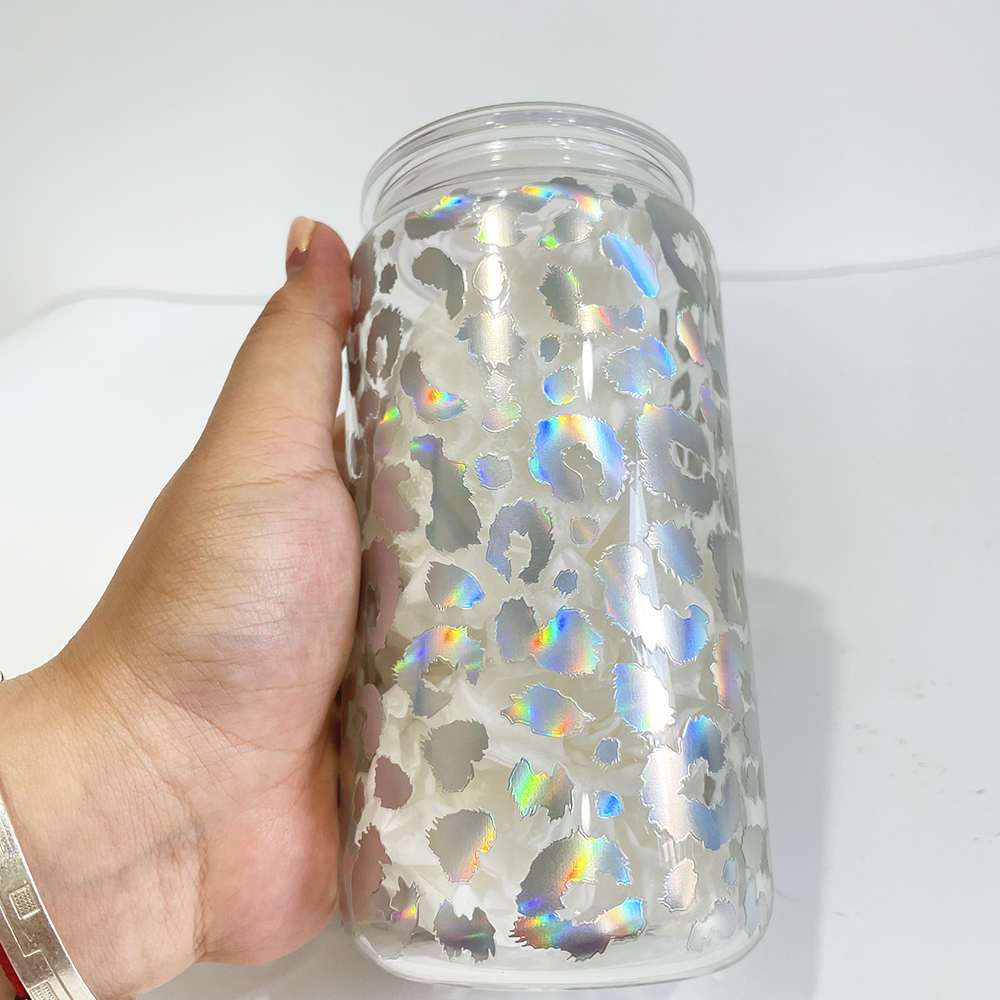50 Pack YIPAI China Warehouse 16oz Clear Holographic Print Leopard Travel Glass Can With PP Lids