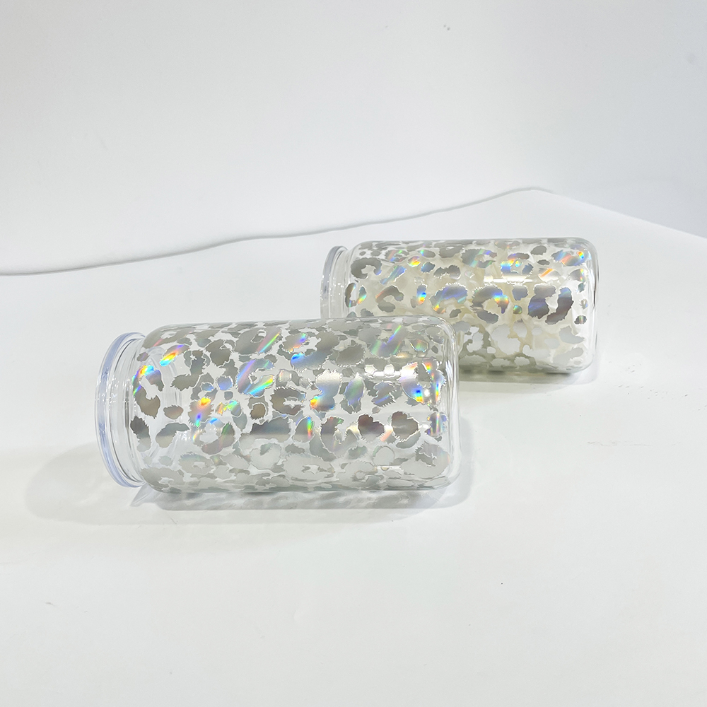 50 Pack YIPAI China Warehouse 16oz Clear Holographic Print Leopard Travel Glass Can With PP Lids