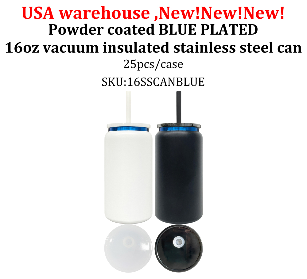 25 Pack YIPAI USA Warehouse 16oz Blue Plated Vacuum Insulated Stainless Steel Can
