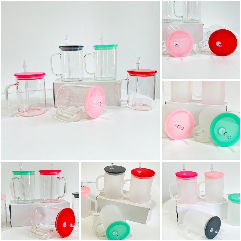 YIPAI 17oz Clear Frosted Glass Coffee Mug With Colorful PP Lid For Sublimation Heat Transfer Printing Ship Next Week