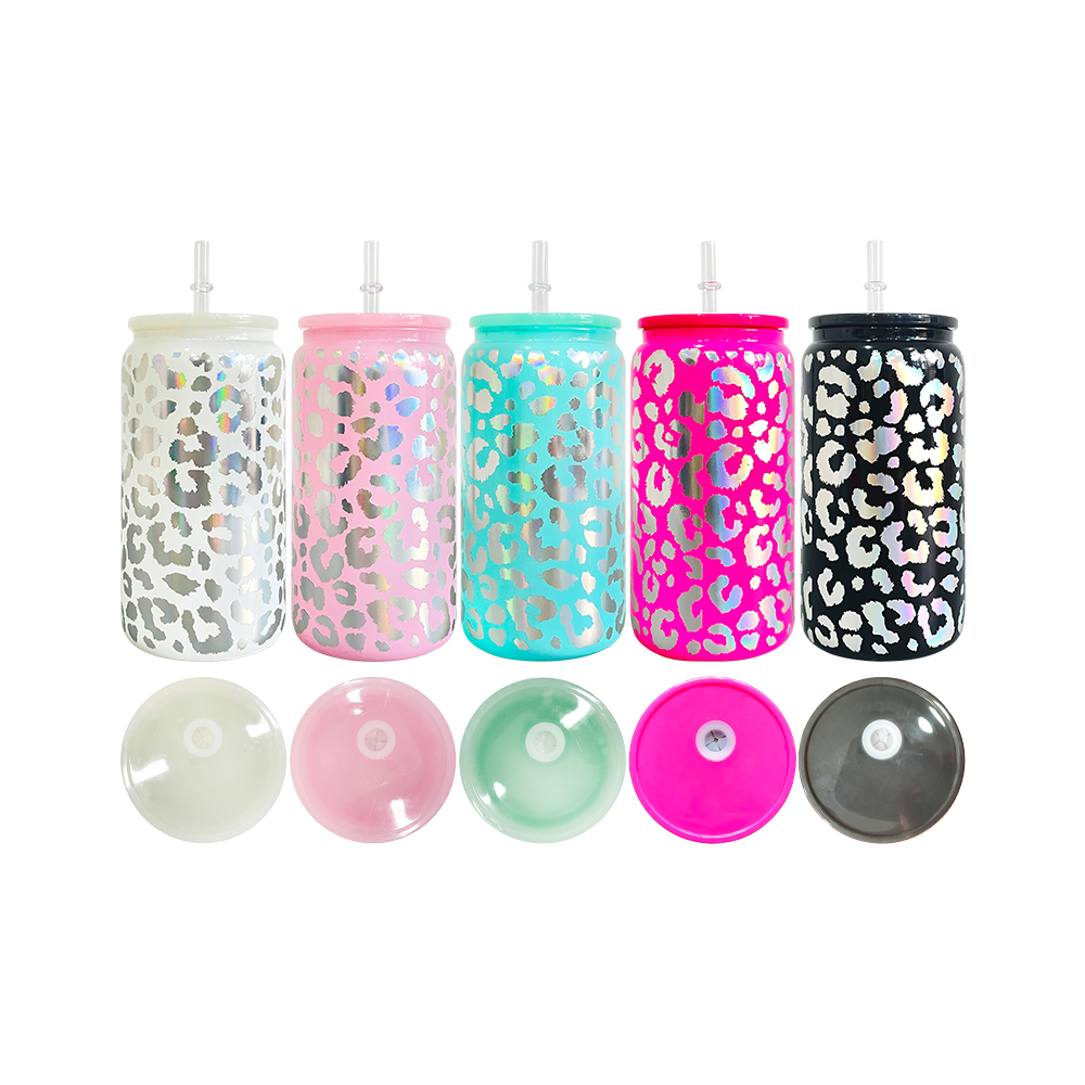 50 Pack YIPAI USA Warehouse 16oz Holographic Print Leopard Travel Glass Can With PP Lids Beer Can Shaped Drinkware