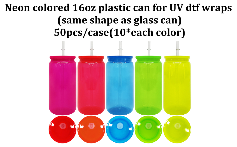 50 Pack YIPAI USA Warehouse 16oz Bright Neon Color Plastic Can Same Size As Glass Can For UV DTF Wraps