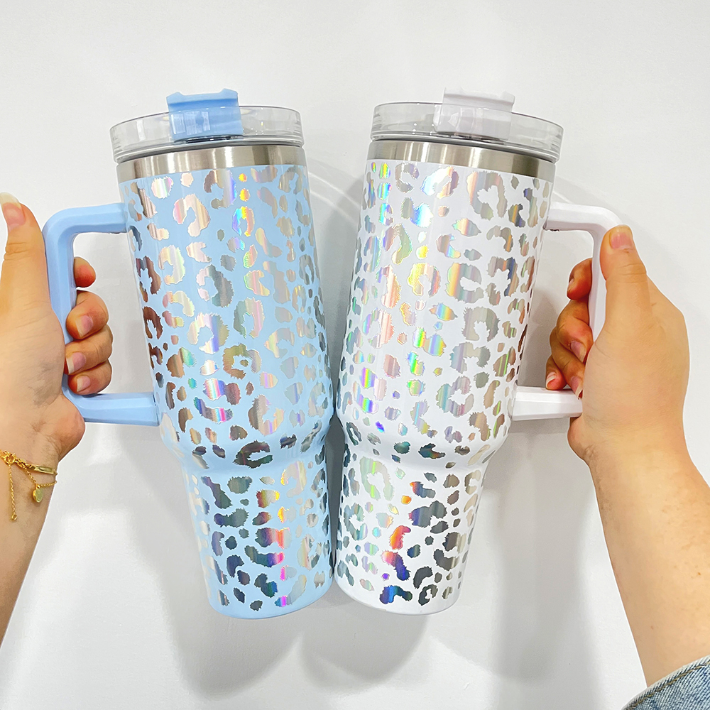 25 Pack YIPAI USA Warehouse H1.0 40oz 3D Holographic Leopard Laser Travel Mug Tumbler With Handle