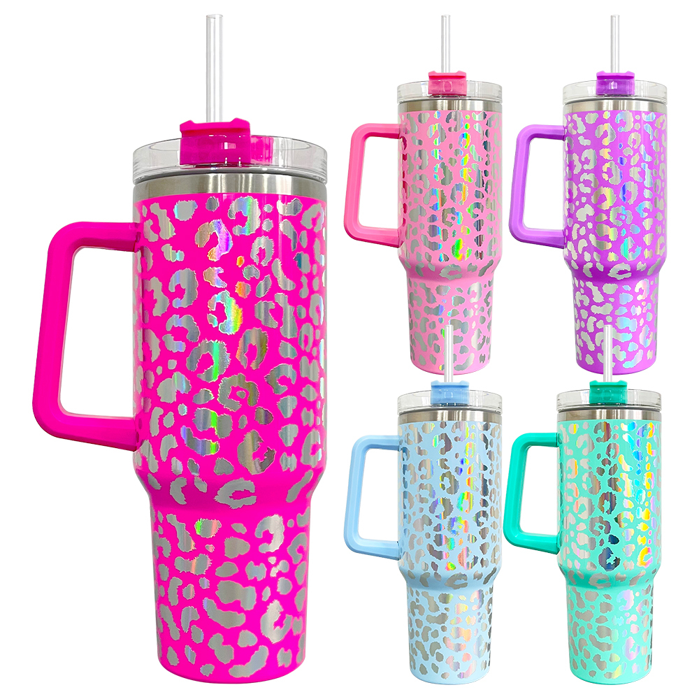 25 Pack YIPAI USA Warehouse H1.0 40oz 3D Holographic Leopard Laser Travel Mug Tumbler With Handle