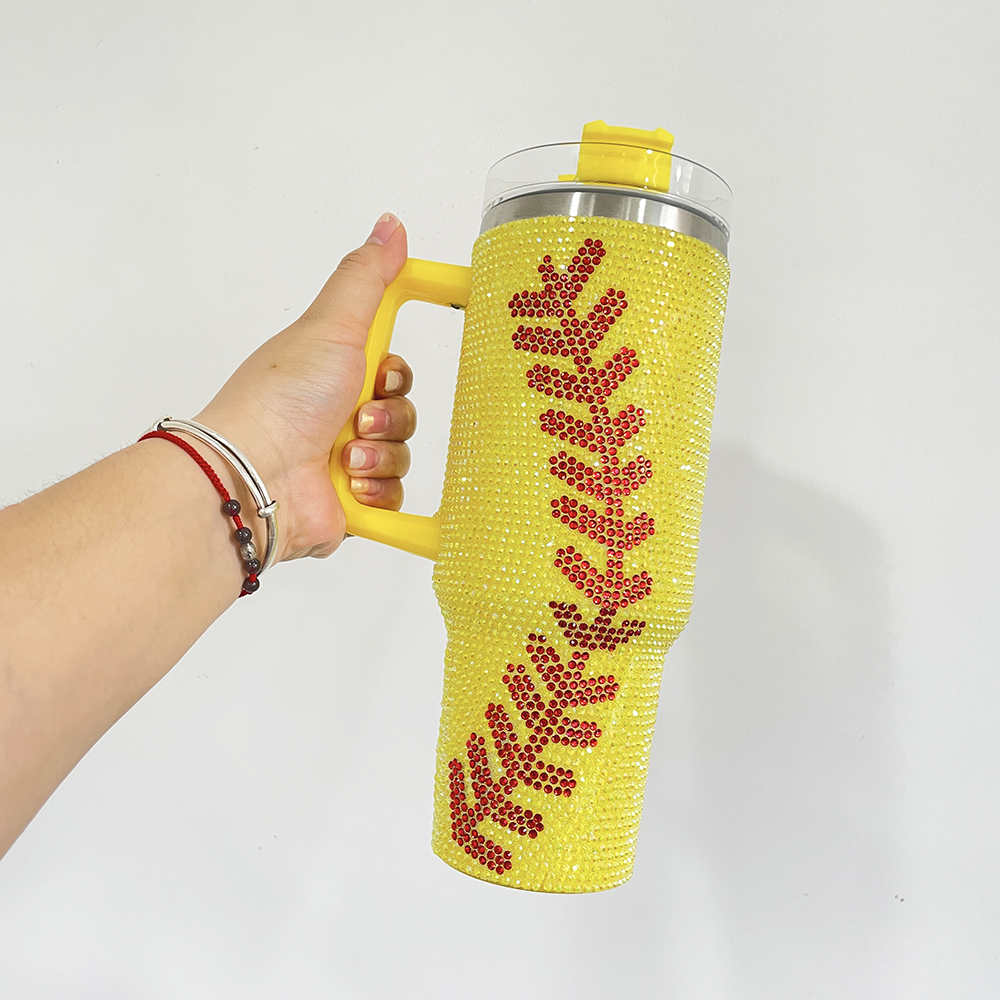 20 Pack YIPAI USA Warehouse 40oz Baseball Yellow and White Bling Rhinestone Tumblers