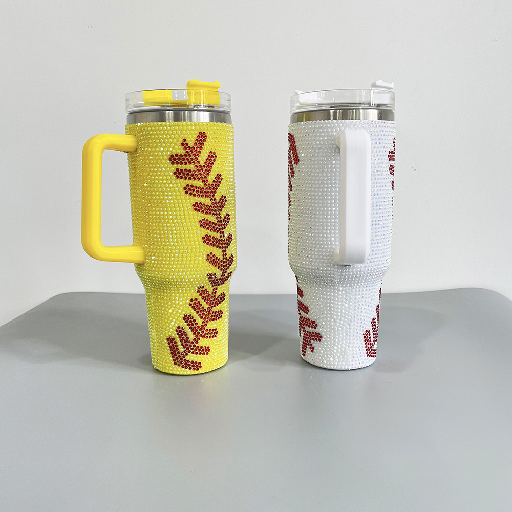 20 Pack YIPAI USA Warehouse 40oz Baseball Yellow and White Bling Rhinestone Tumblers