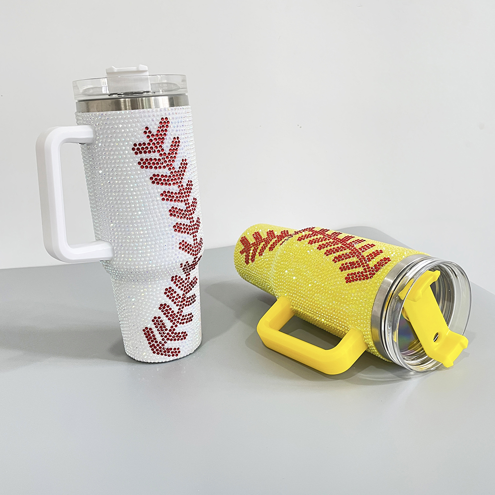 20 Pack YIPAI USA Warehouse 40oz Baseball Yellow and White Bling Rhinestone Tumblers