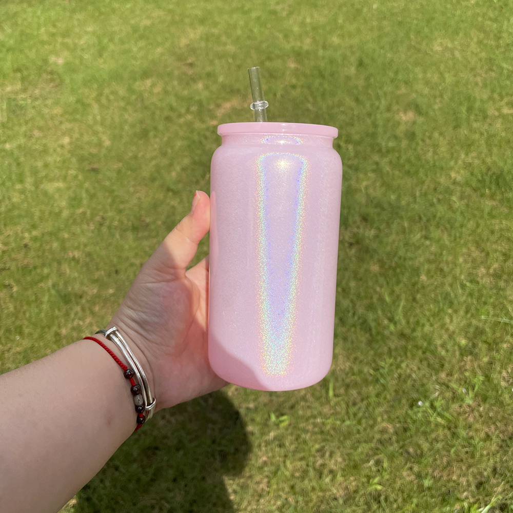 1PC Sample YIPAI USA Warehouse  5 Colors 16oz Shimmer Glitter Sublimation Glass Can with Color Lids and Clear Straw for Iced Coffee Beer Juice Soda