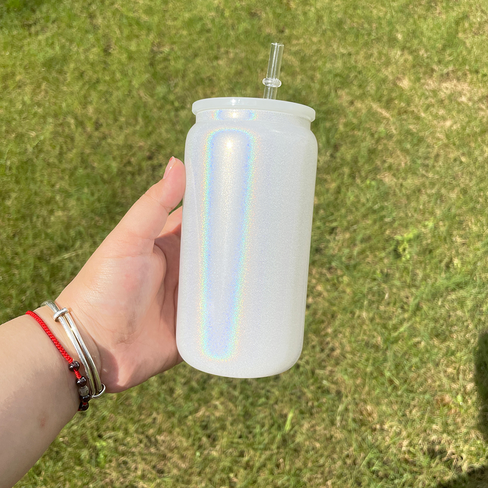 1PC Sample YIPAI USA Warehouse  5 Colors 16oz Shimmer Glitter Sublimation Glass Can with Color Lids and Clear Straw for Iced Coffee Beer Juice Soda
