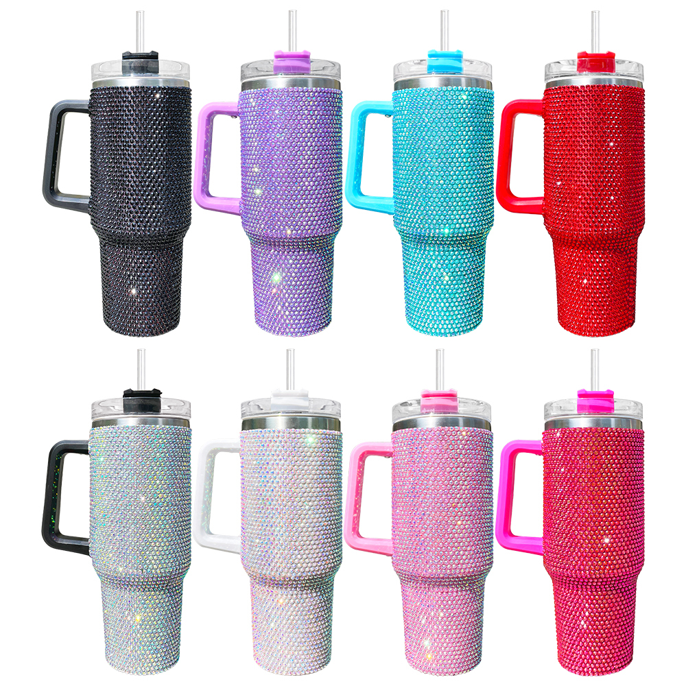 1PC Sample YIPAI USA Warehouse 8 Colors 40oz Bling Rhinestones LuxuriousTumblers With Lid and Straw Insulated Stainless Steel Double Wall Water Cup Travel Mug Water Bottle Tumblr For Women